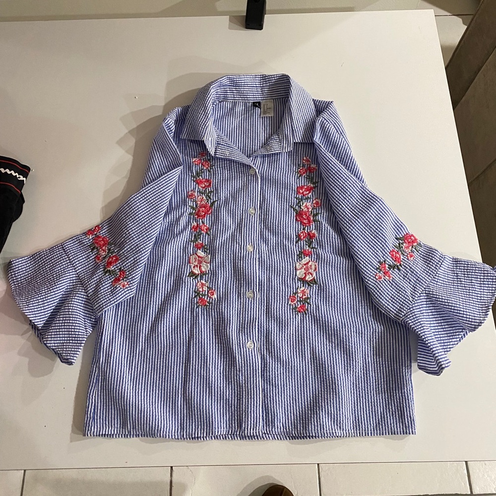 Blue Stripped Floral Blouse